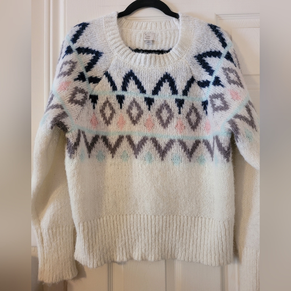 80's Style Fair Isle Crewneck Sweater with Navy and Pastel Accents